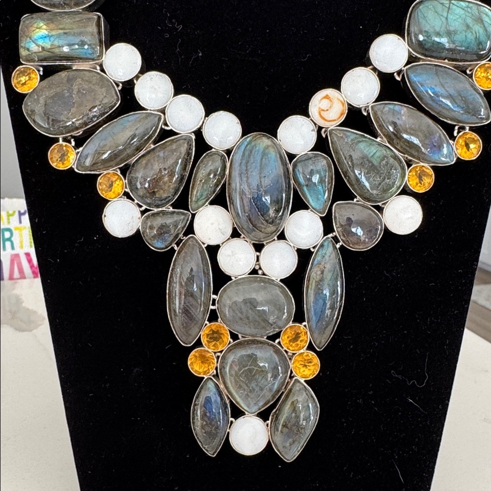 Statement Necklace 925 Silver Elegant Multi-Stone… - image 3